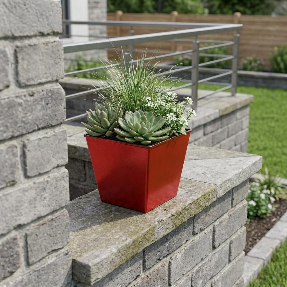 5" Red Recycled Plastic Indoor Outdoor Square Pot Planter HomeRoots