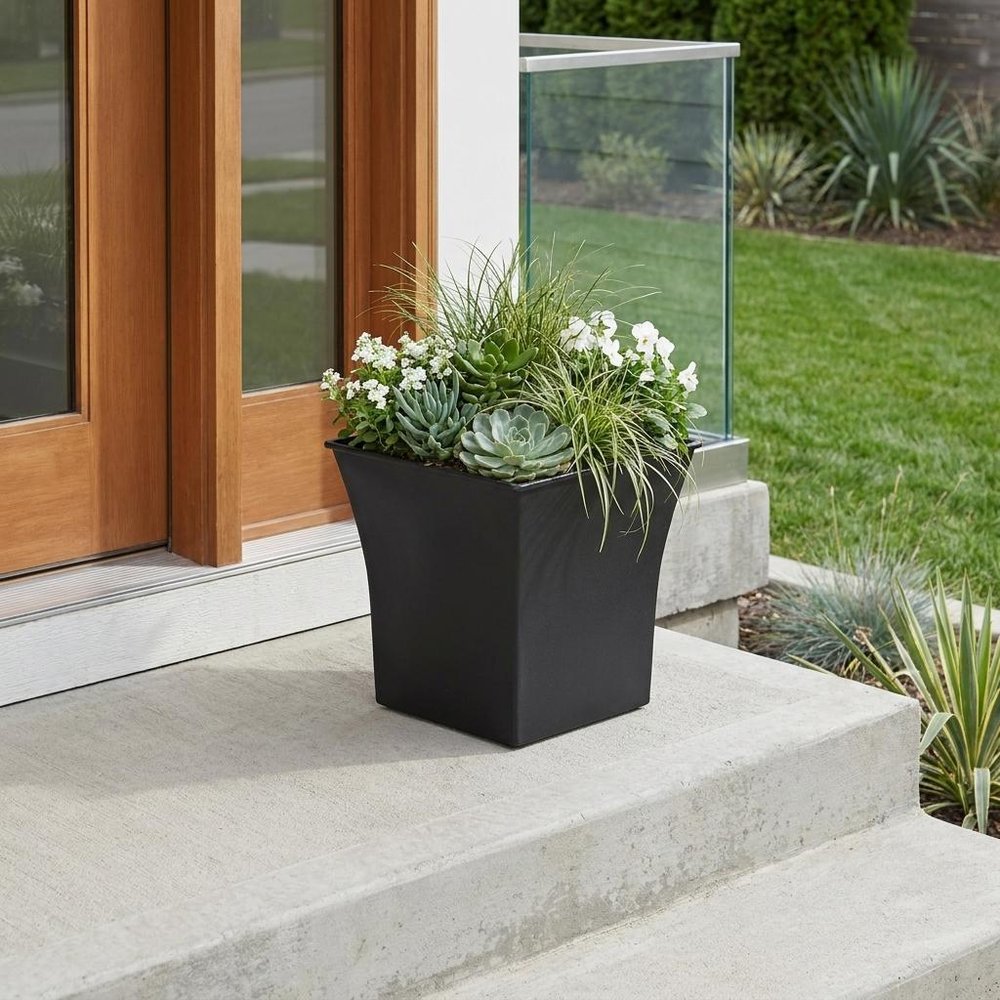 7" Black Recycled Plastic Indoor Outdoor Square Pot Planter HomeRoots