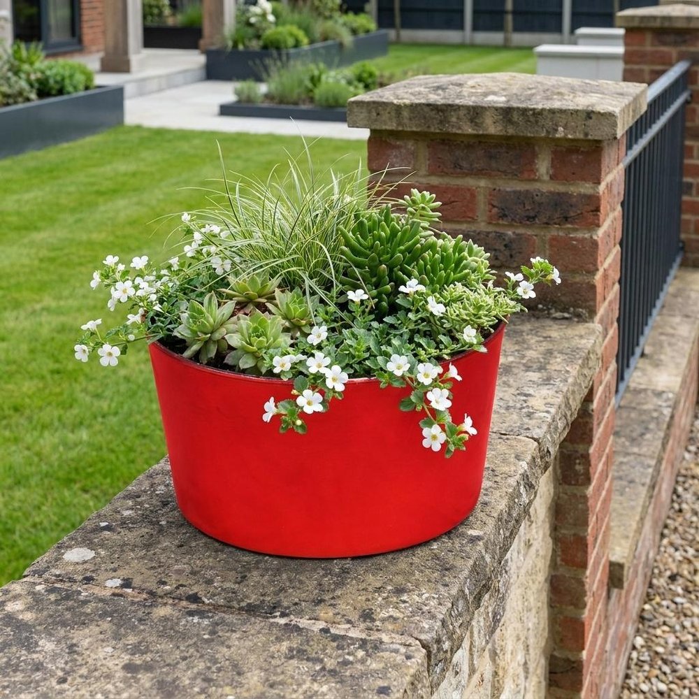 12" Red Recycled Plastic Indoor Outdoor Round Pot Planter HomeRoots