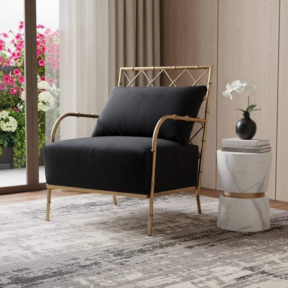 25" Black And Gold Velvet Arm Chair HomeRoots