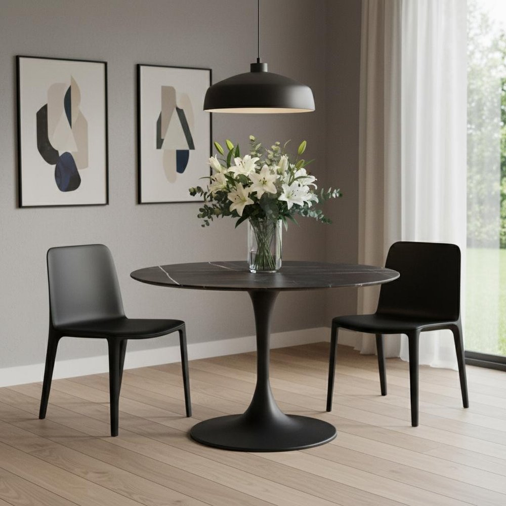 47" Black Rounded Ceramic And Metal Pedestal Base Dining Table HomeRoots
