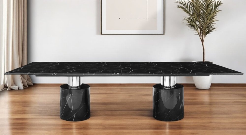 180" Black Marble Double Pedestal Base Dining Table HomeRoots