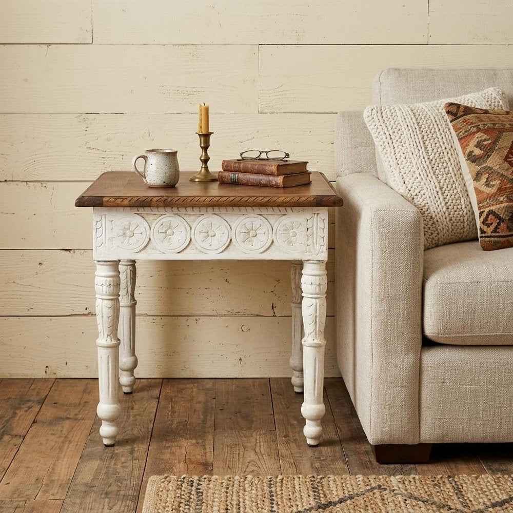 24" Ivory And Brown Distressed Solid Wood Square End Table HomeRoots