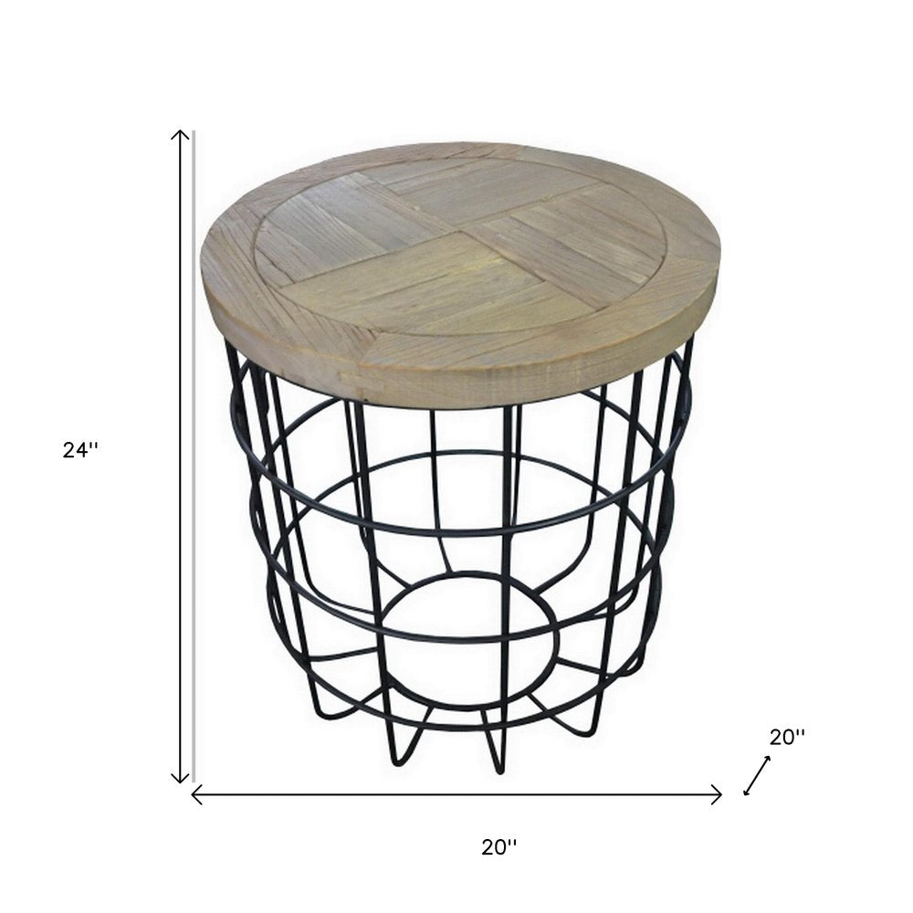 24" Natural and Black Solid Wood and Iron Round Frame End Table HomeRoots