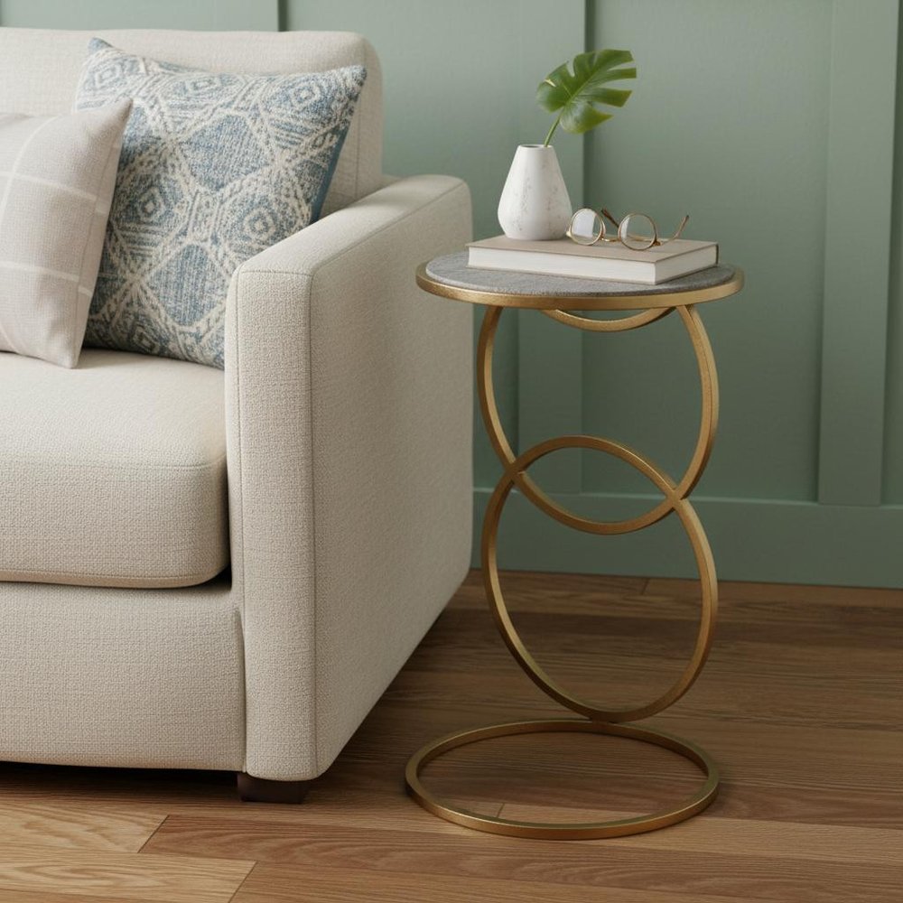 21" Gold And Gray Marble And Iron Round End Table HomeRoots