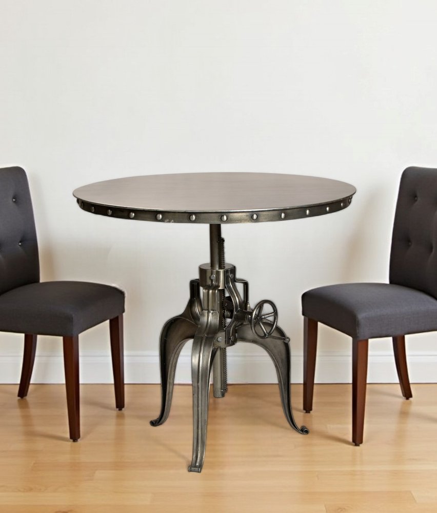 36" Gray Metal Pedestal Base Adjustable Height Round Top Dining Table HomeRoots