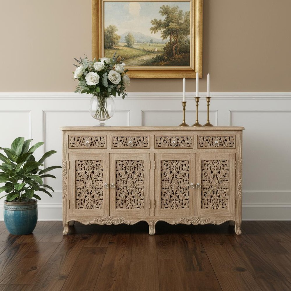 66" Light Brown Solid Wood Four Drawer Buffet Table with Four Doors HomeRoots