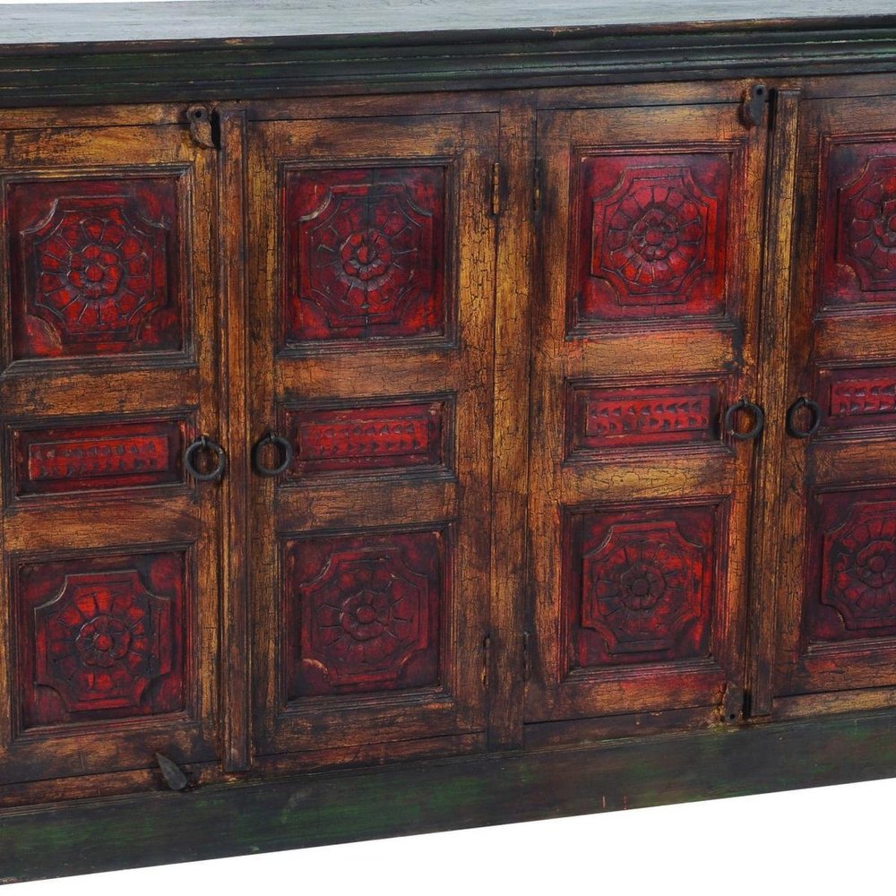 80" Brown And Red Distressed Solid Wood Carved Floral Buffet Table with Four Doors HomeRoots