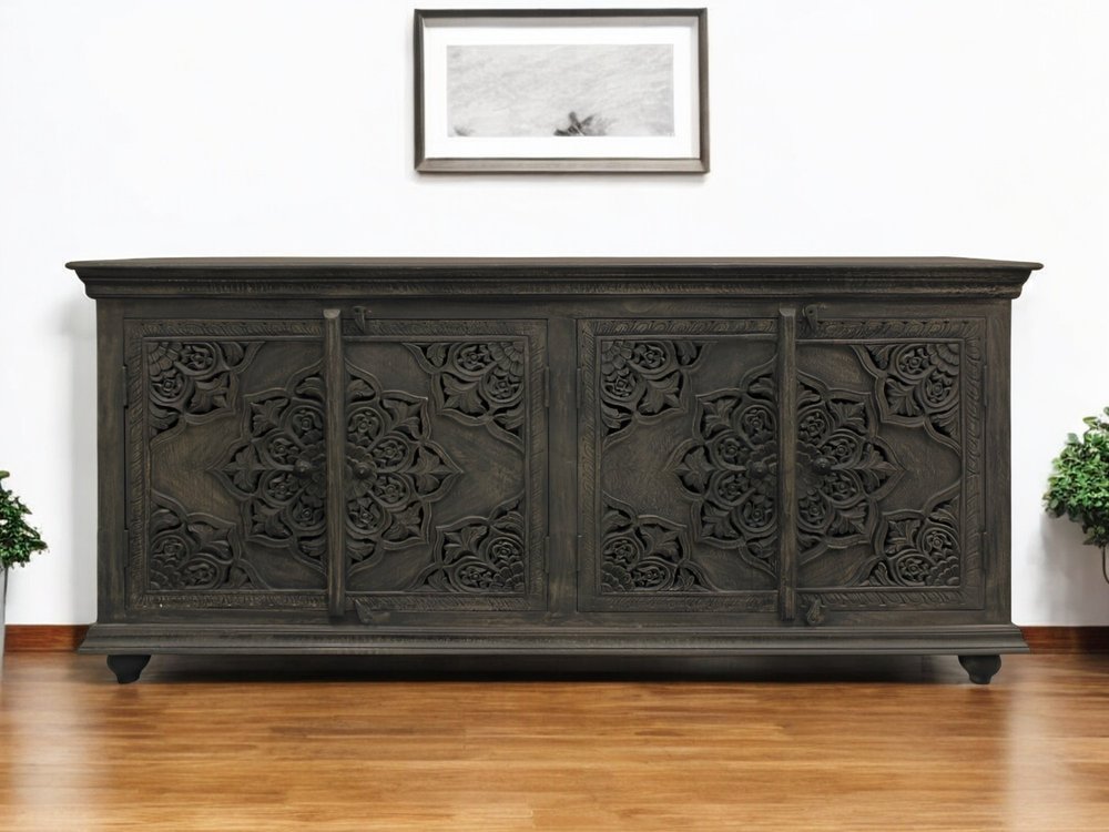 71" Distressed Gray Solid Wood Sideboard with Four Doors HomeRoots
