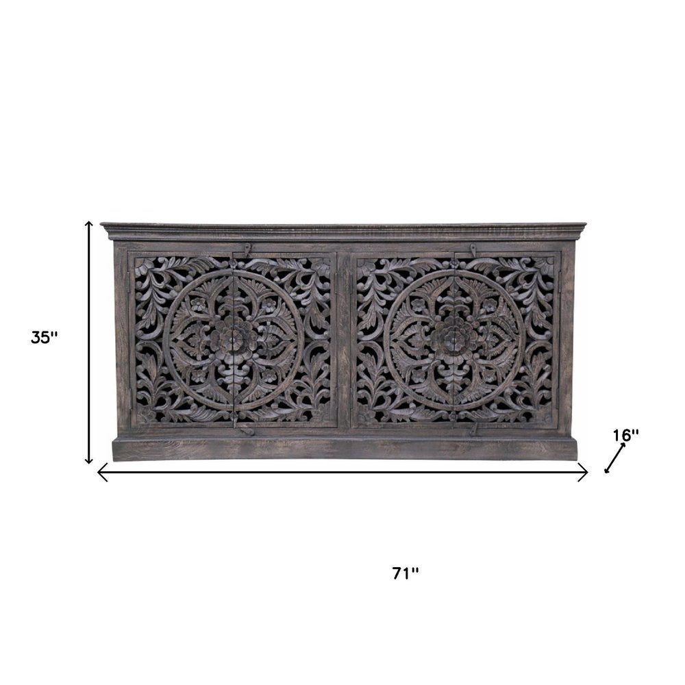 71" Gray Distressed Solid Wood Carved Floral Sideboard with Four Doors HomeRoots