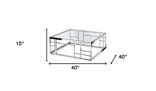 40" Clear and Silver Glass And Stainless Steel Square Frame Coffee Table HomeRoots