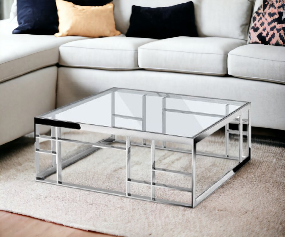 40" Clear and Silver Glass And Stainless Steel Square Frame Coffee Table HomeRoots
