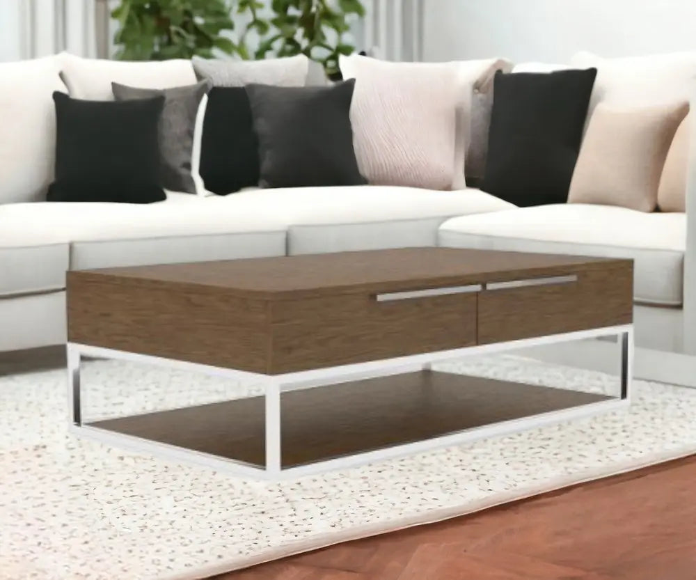 47" Brown and Silver Wood And Stainless Steel Floor Shelf Coffee Table With Two Drawers And Shelf HomeRoots