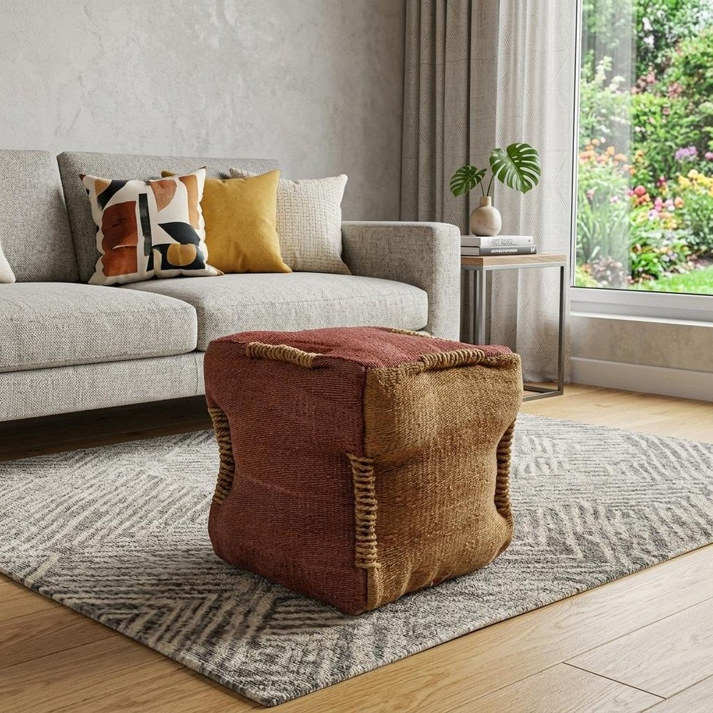 18" Pink and Orange Jute Cube Pouf Ottoman HomeRoots