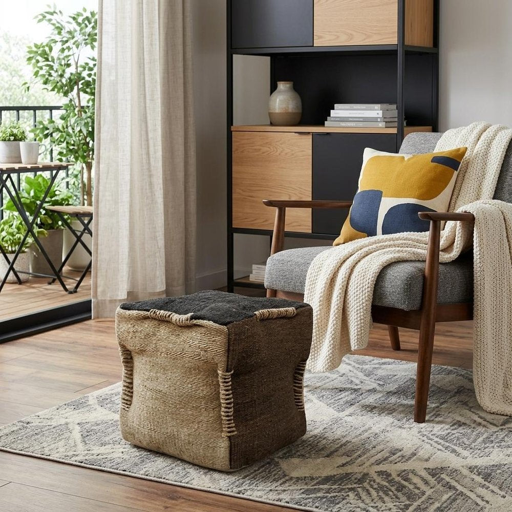 18" Black and Taupe Jute Cube Pouf Ottoman HomeRoots