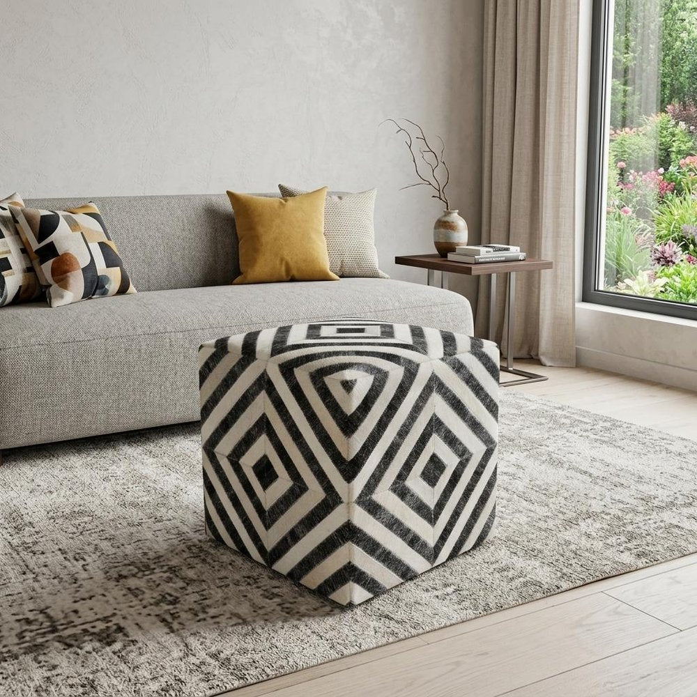 18" Dark Gray and Ivory Hair on Hide Cube Geometric Pouf Ottoman HomeRoots