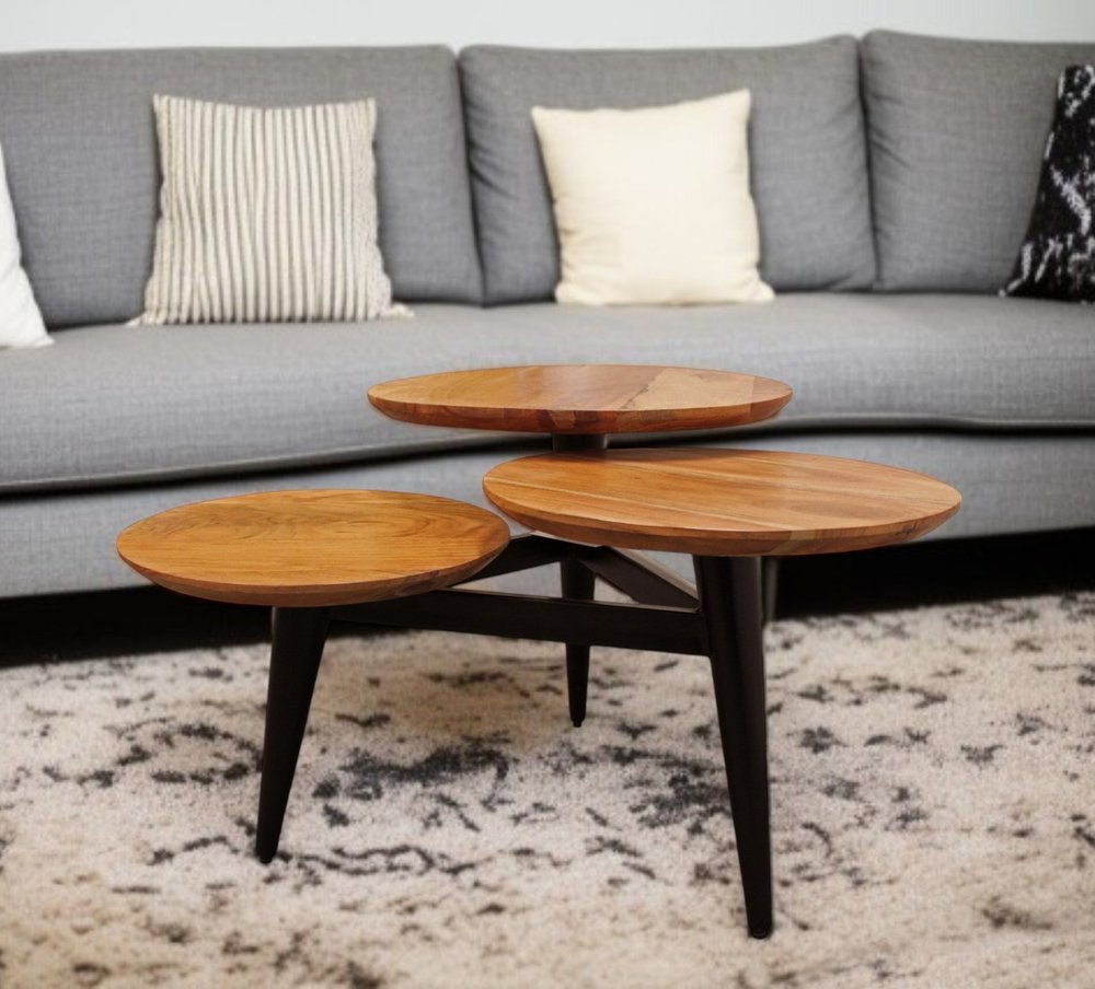 35" Natural Brown and Black Solid Wood and Iron Round Distressed Coffee Table HomeRoots