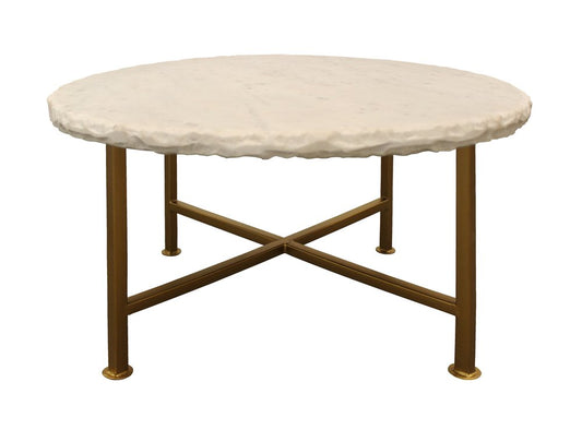 30" Ivory and Brass Genuine Marble and Iron Round Frame Coffee Table HomeRoots