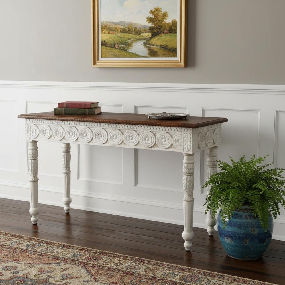 48" Natural and White Solid Wood Distressed Console Table HomeRoots