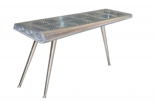 56" Silver Aluminum and Solid Wood Three Leg Console Table HomeRoots
