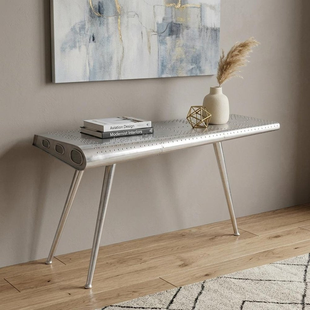 56" Silver Aluminum and Solid Wood Three Leg Console Table HomeRoots