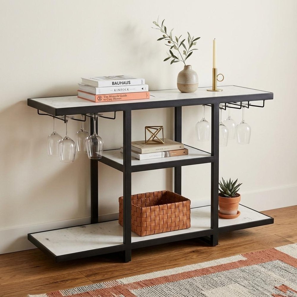 58" White and Black Genuine Marble Floor Shelf Console Table Two Shelves HomeRoots
