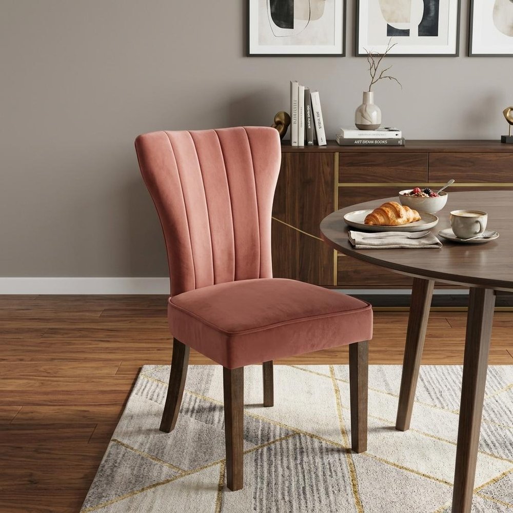 Set of Two Blush and Brown Upholstered Velvet Dining Parsons Chairs HomeRoots