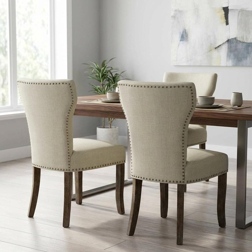 Set of Two Ivory and Brown Upholstered Fabric Dining Parsons Chairs HomeRoots