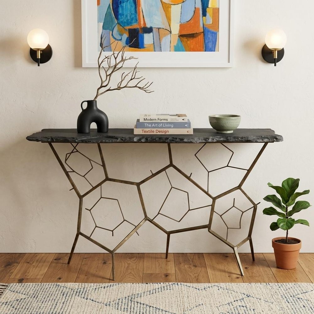 51" Black Stone and Iron Abstract Console Table HomeRoots