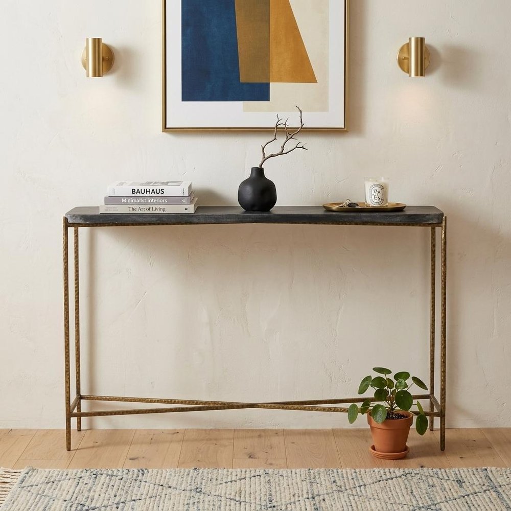 48" Black and Gold Stone and Iron Frame Console Table HomeRoots