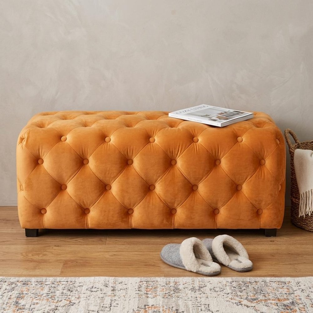 50" Orange and Dark Brown Velvet and Solid Wood Upholstered Bench HomeRoots