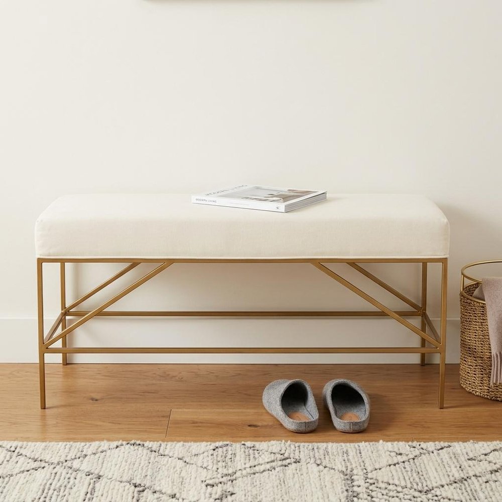 58" Ivory and Gold Upholstered Linen Bench HomeRoots