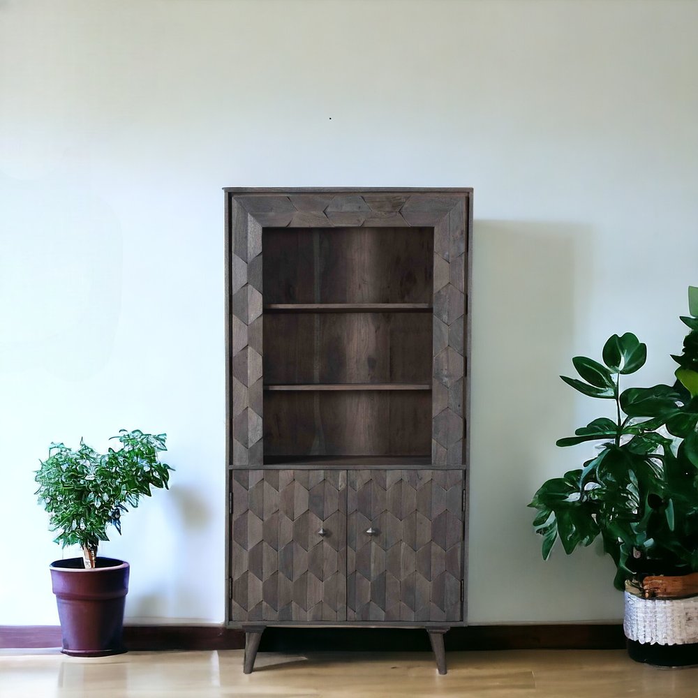 70" Gray Distressed Solid Wood Three Tier Bookcase with Two Doors HomeRoots