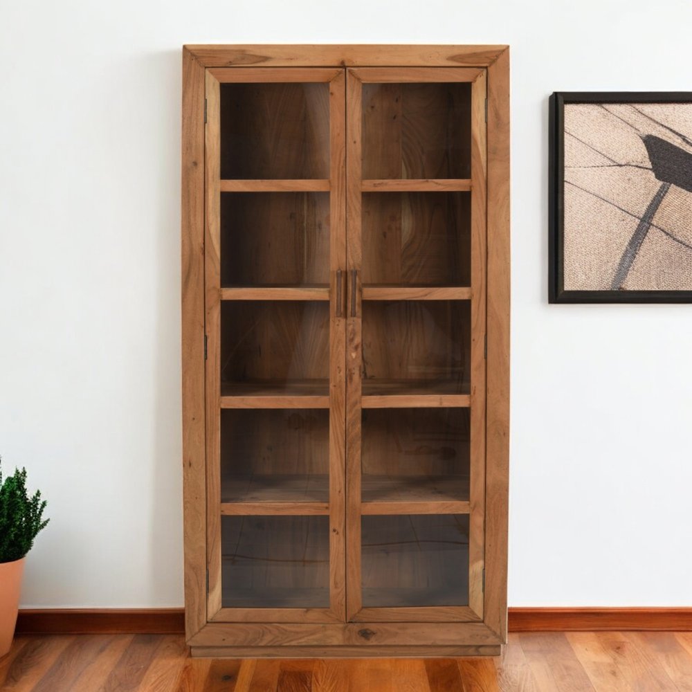 80" Brown Solid Wood Display Stand With Two Doors HomeRoots