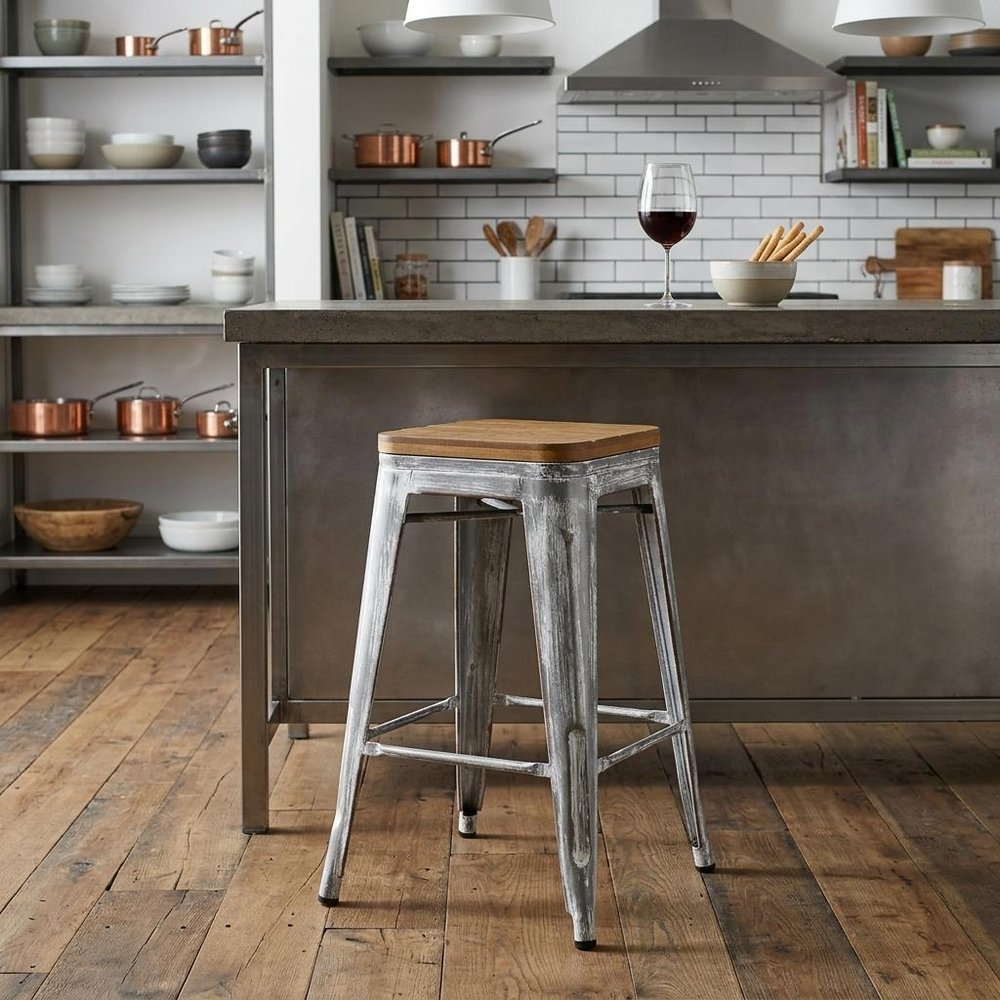 18" Brown And Gray Solid Wood And Steel Backless Bar Chair HomeRoots