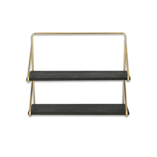 21" Dark Gray And Gold Metal And Wood Wall Mounted Tiered Shelf HomeRoots