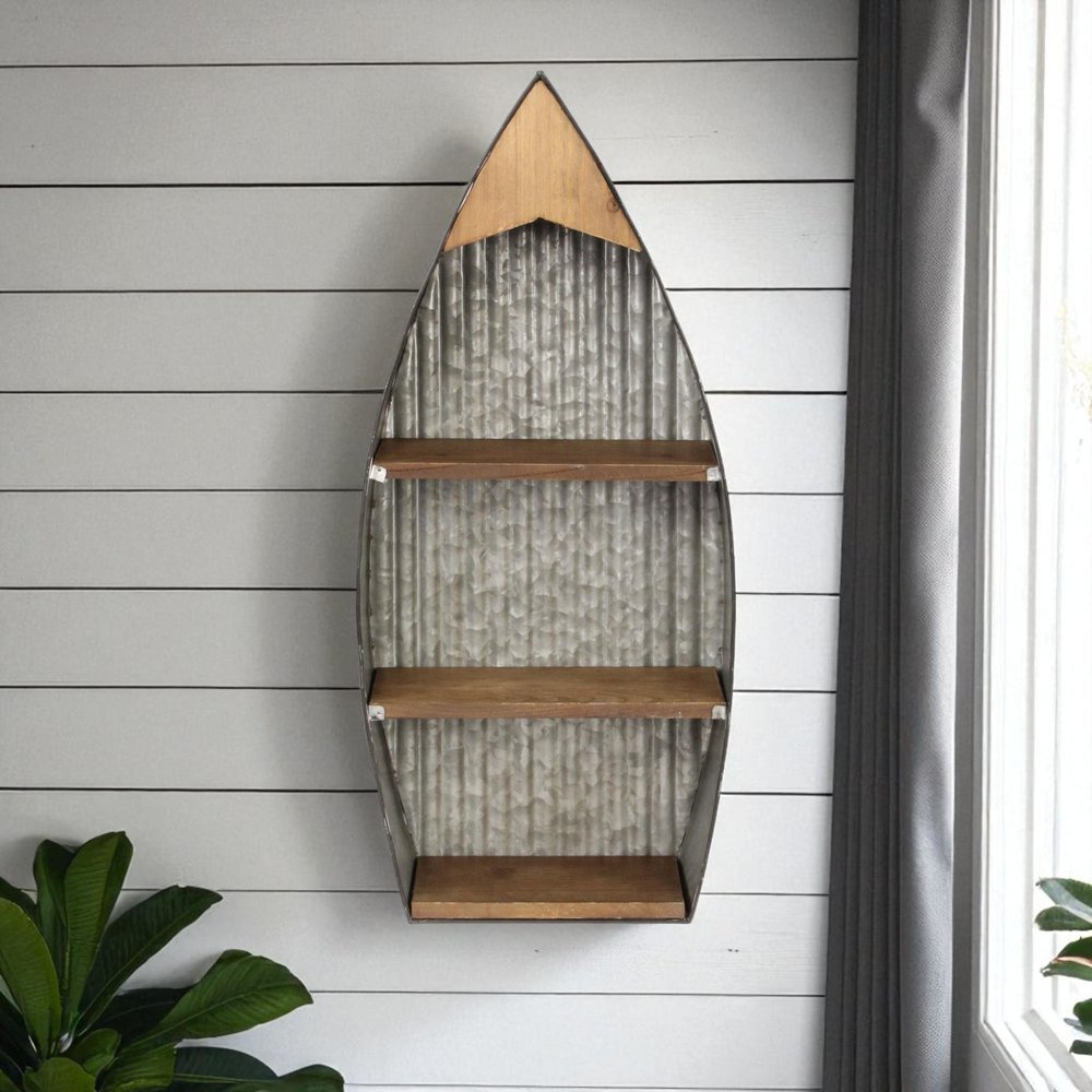 23" Brown And Gray Galvanized Metal And Wood Wall Mounted Boat Shelf HomeRoots