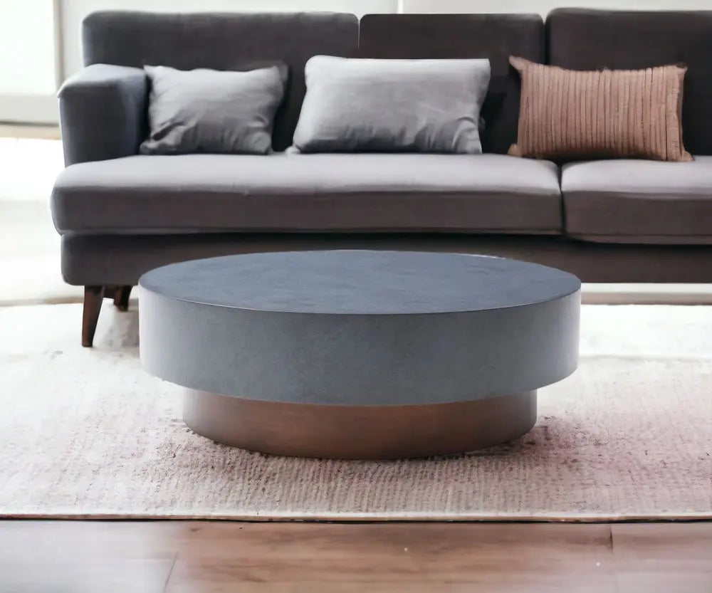 48" Gray and Brown Steel And Copper Round Drum Coffee Table HomeRoots