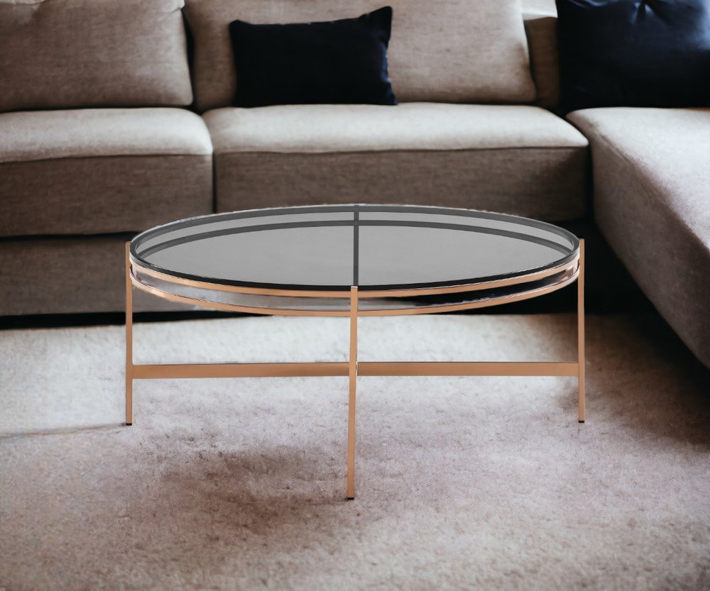35" Gray and Gold Glass And Stainless Steel Round Coffee Table HomeRoots