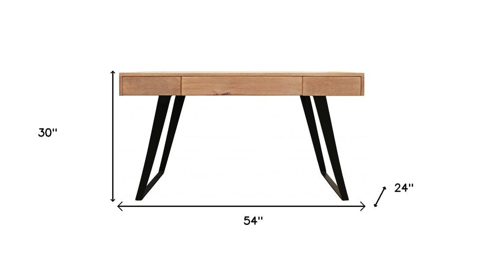 54" Natural and Black Solid Wood Writing Desk With Three Drawers HomeRoots