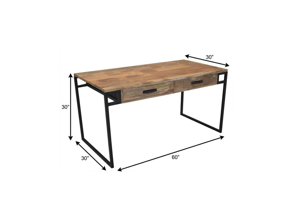 60" Natural and Black Solid Wood Writing Desk With Two Drawers HomeRoots