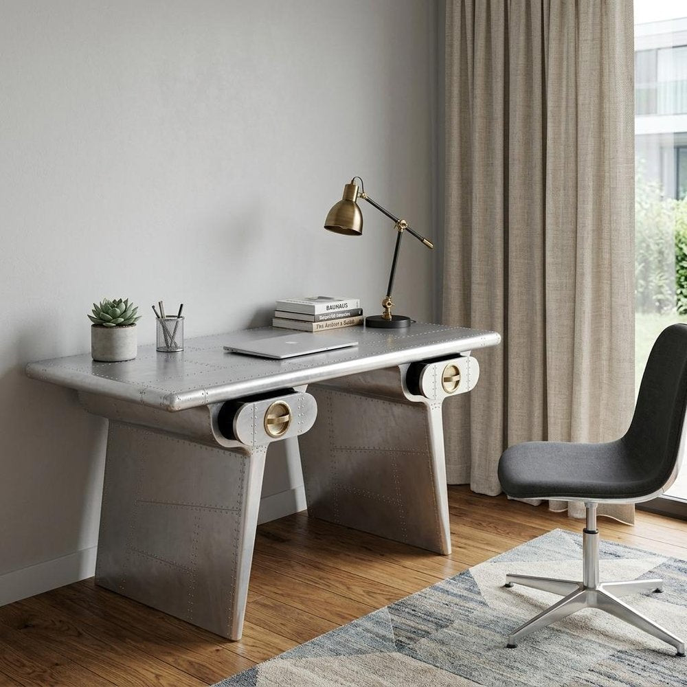 60" Silver Aluminum Writing Desk With Two Drawers HomeRoots