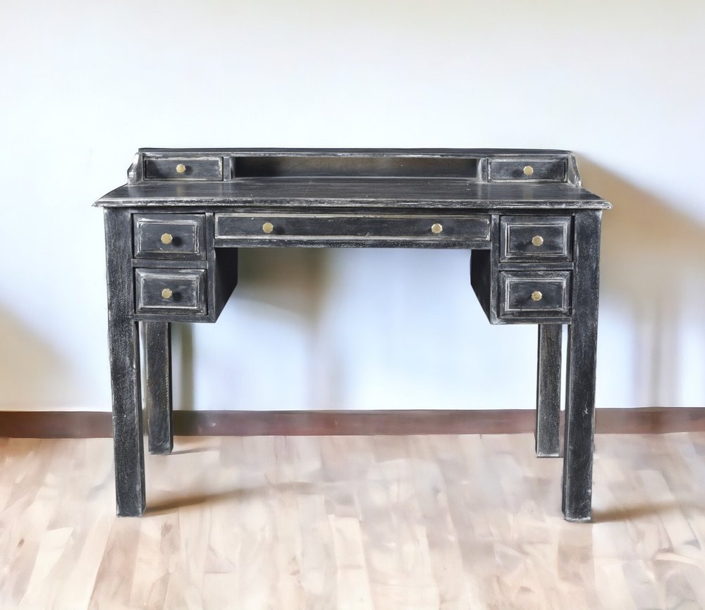 46" Black Solid Wood Writing Desk With Seven Drawers HomeRoots