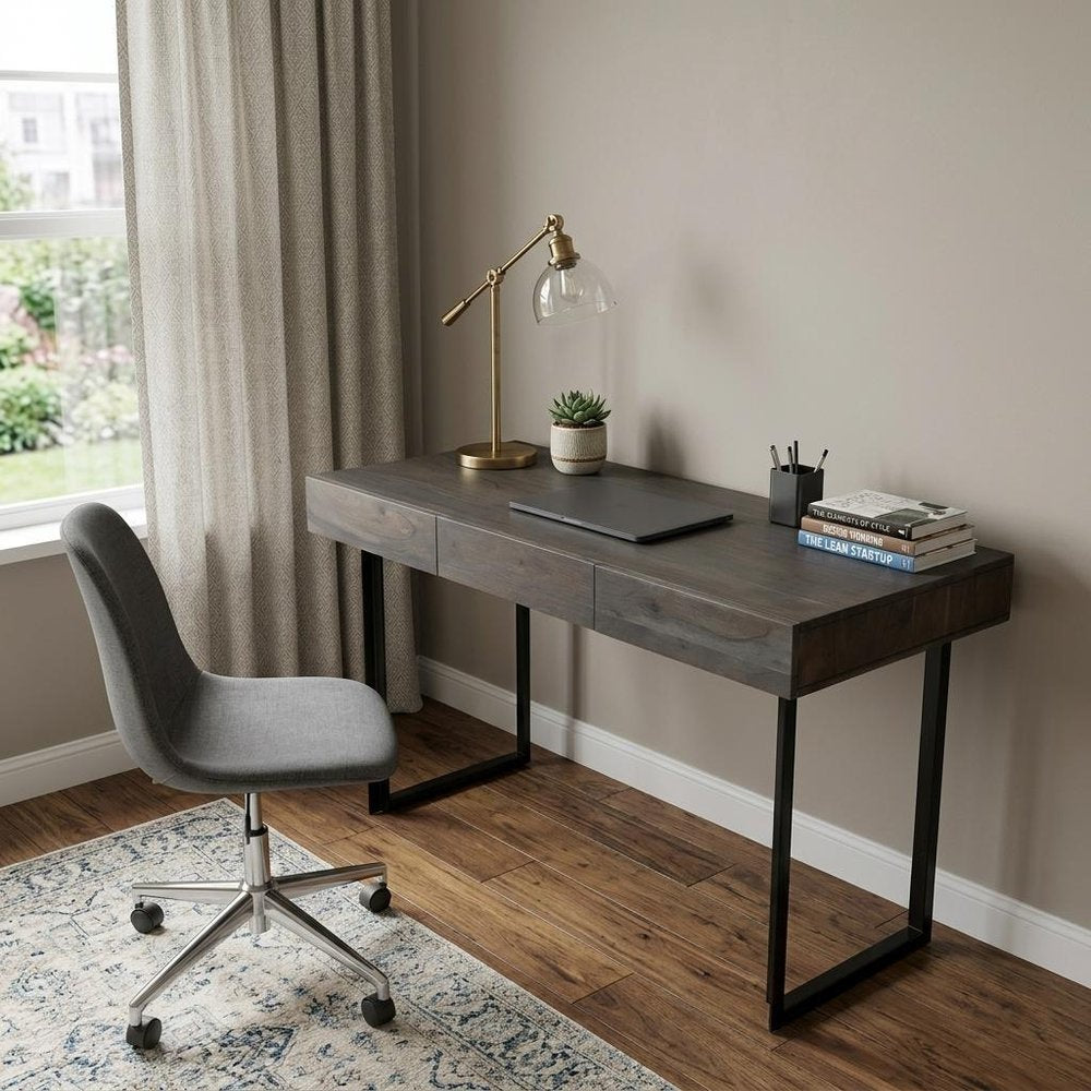 58" Gray and Black Solid Wood and Iron Sled Writing Desk With Three Drawers HomeRoots