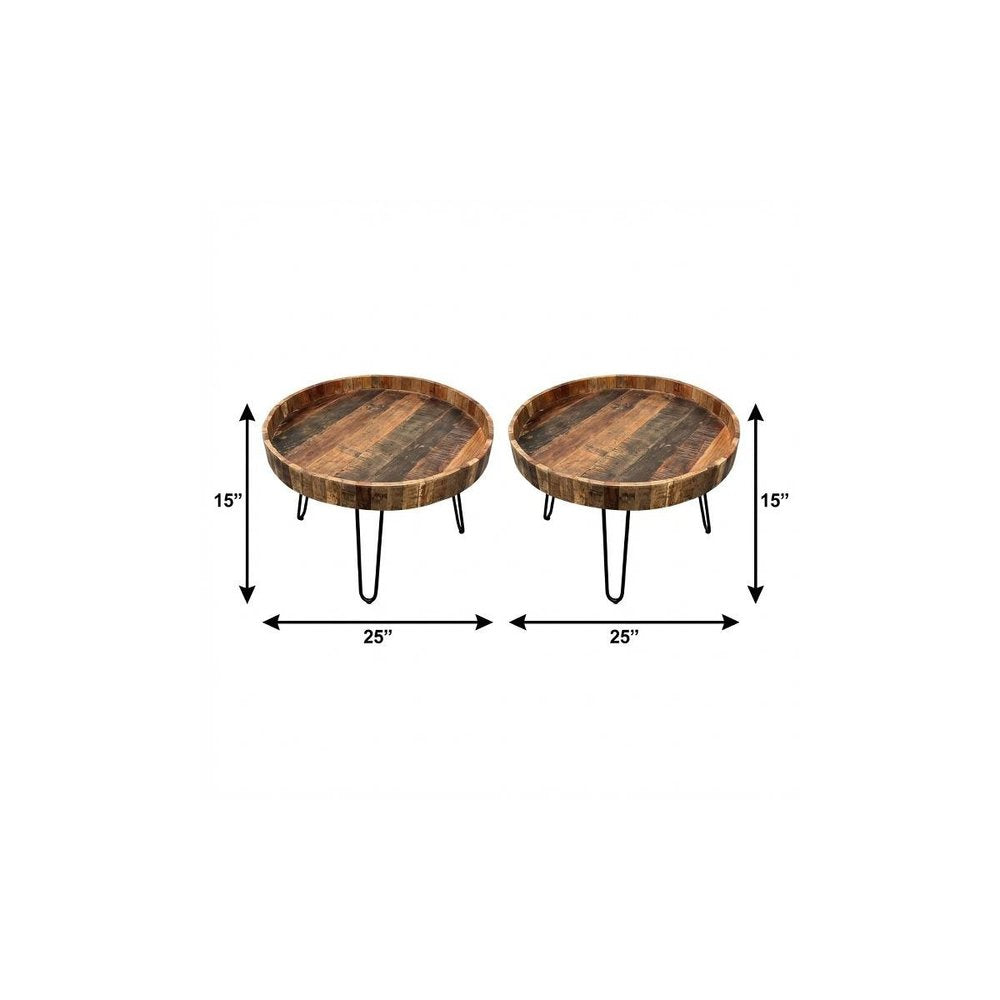 Set Of Two Black And Natural Brown Solid Wood And Iron Round End Tables HomeRoots
