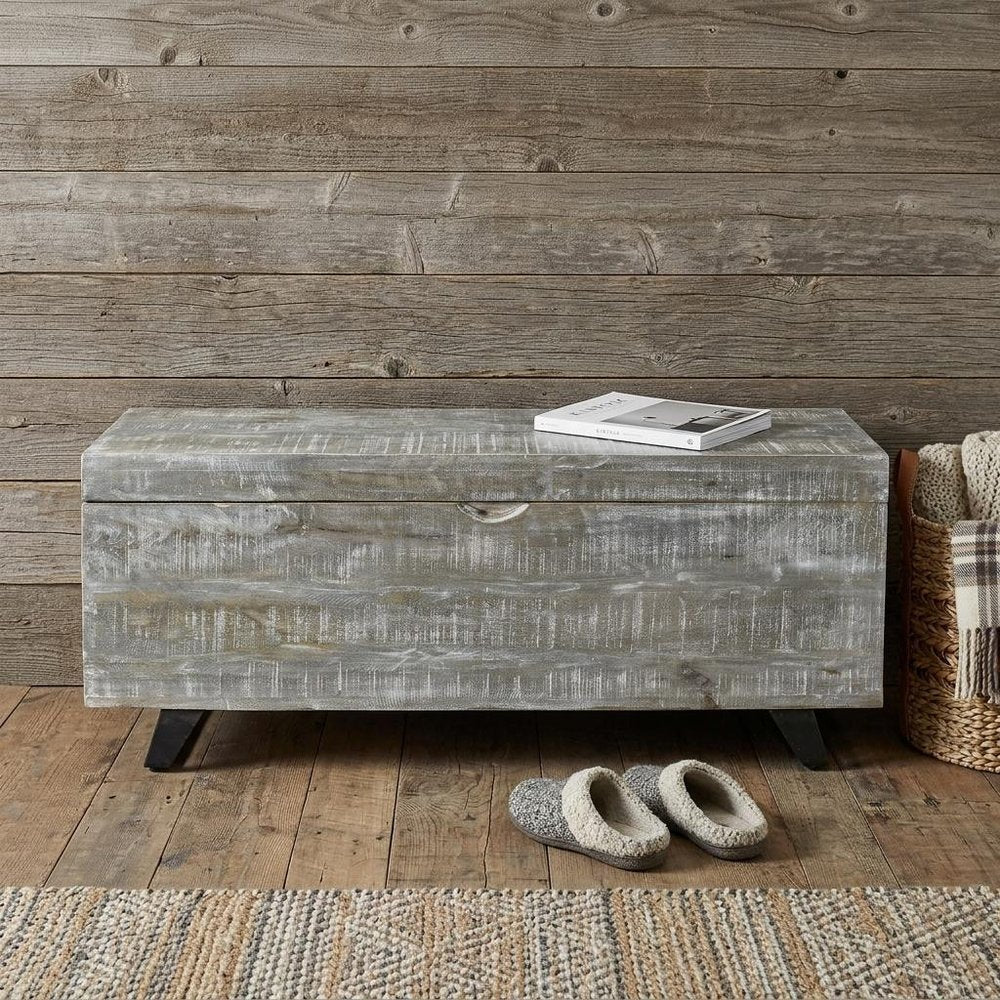 46" Gray and Black Distressed Solid Wood Storage Bench with Flip Top HomeRoots
