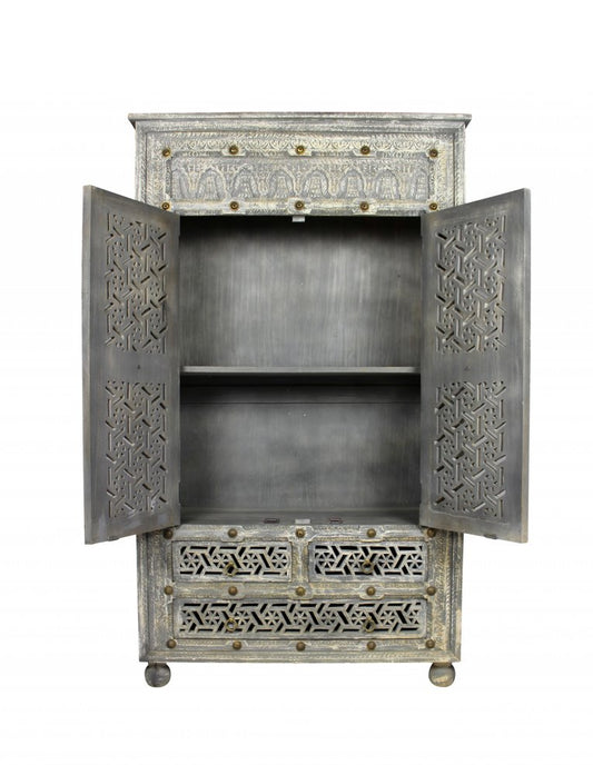 72" Gray Carved Geometric Solid Wood Two Door Three Drawer Combo Dresser