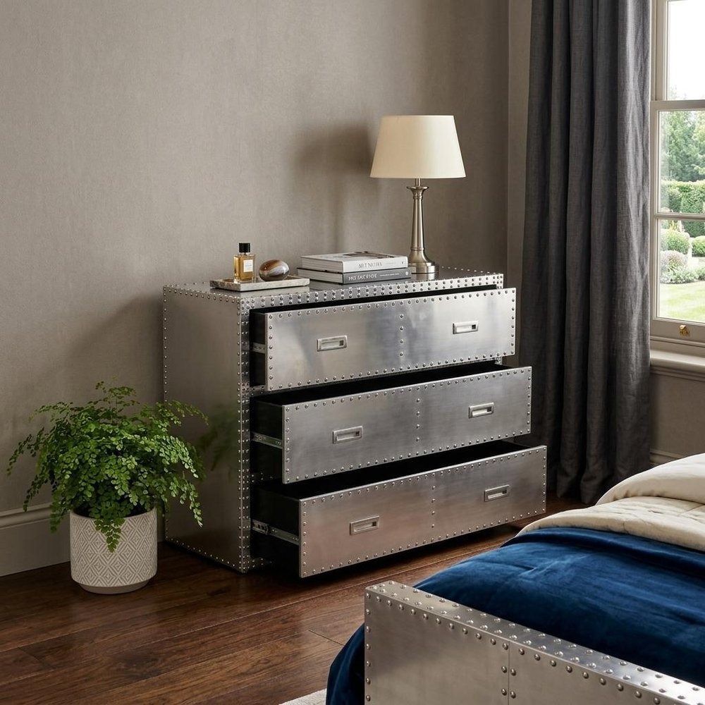 42" Silver Aluminum Three Drawer Dresser HomeRoots