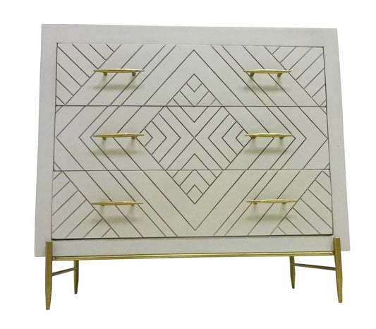 38" Ivory Carved Geometric Solid Wood Three Drawer Dresser