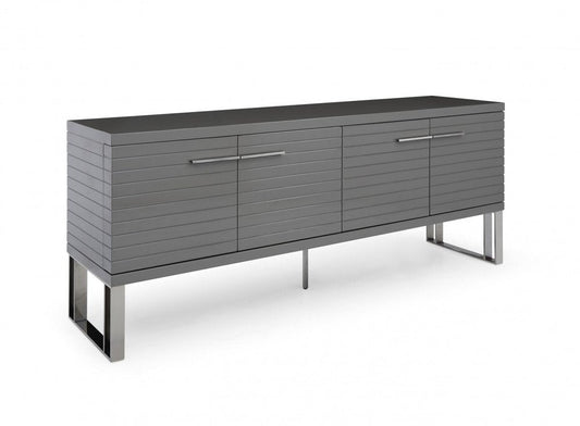 79" Dark Gray And Gunmetal Wood Ribbed Texture Buffet Table With Four Doors